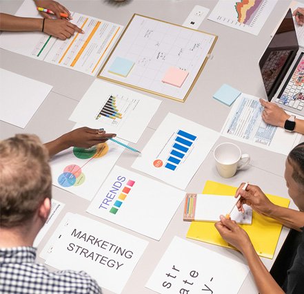 website design team discussing marketing strategies for a client